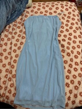 Misty Rose- Backless Sparkle Slip Dress in Light Blue